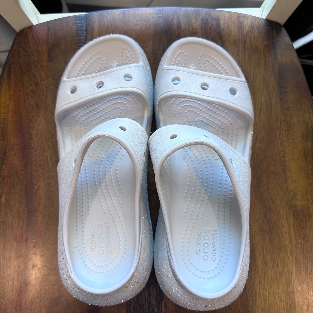 Crocs Classic Crush Glitter Sandals Women 11 Lt Gray Silver Platform Slides - Picture 10 of 14